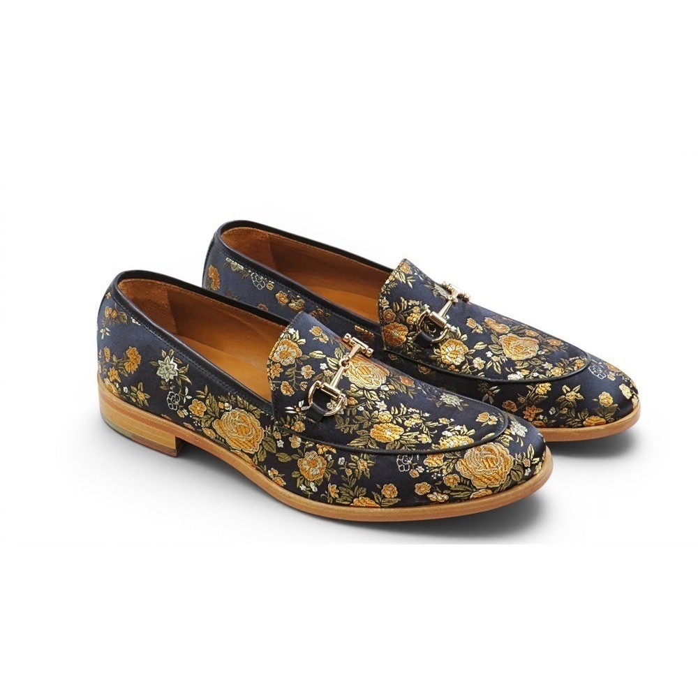 TAFT Horsebit Loafers Men 42 Navy Gold Floral Excellent Luxury Jacquard Tapestry